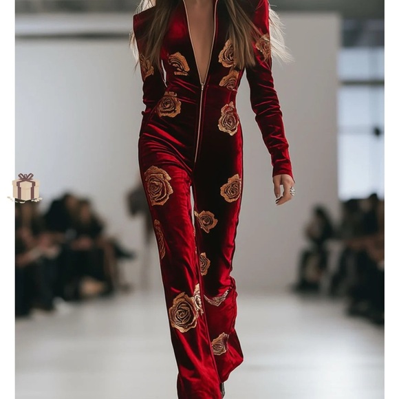 Elegant Red Floral Jumpsuit - Picture 1 of 7